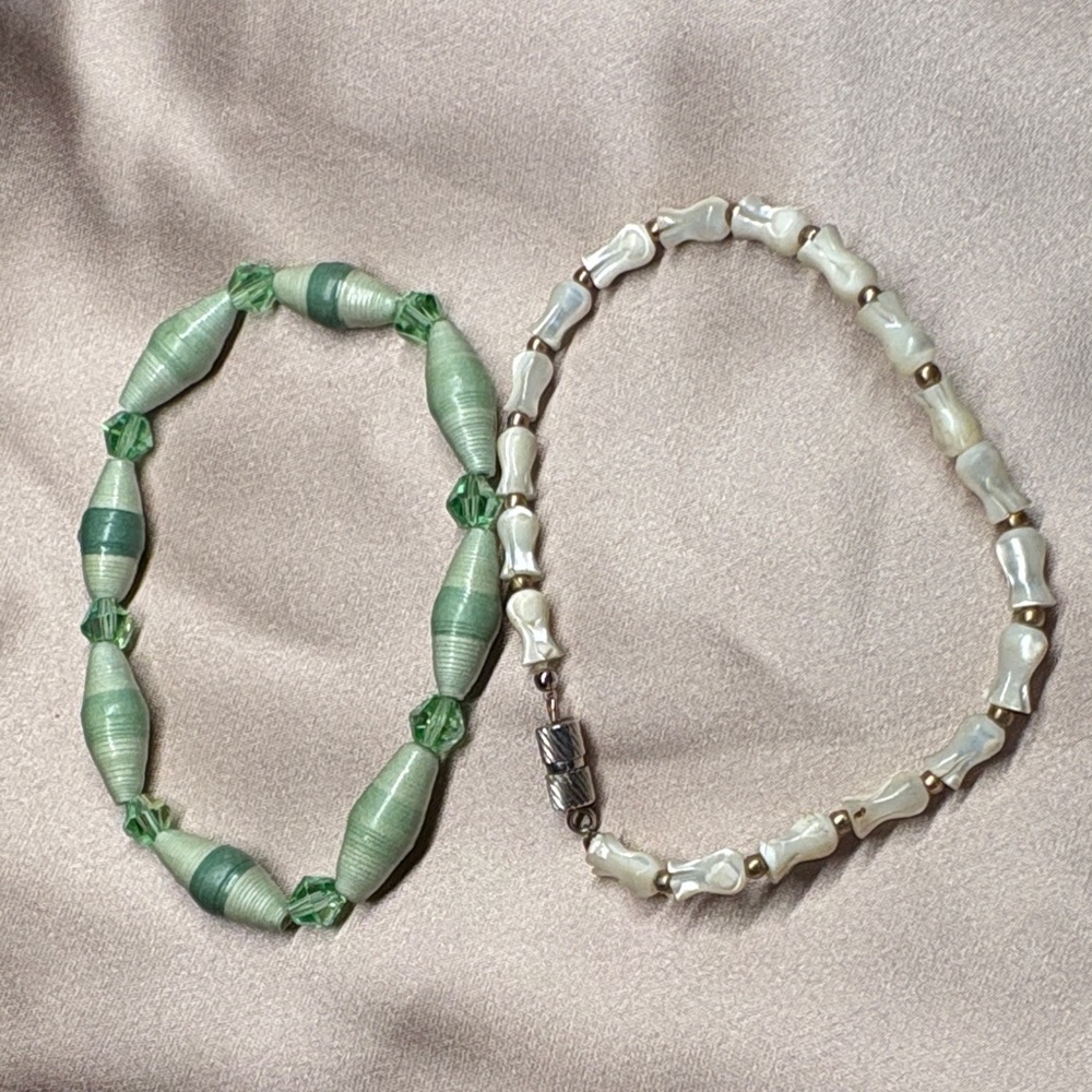 Green and White Beaded Bracelet Set